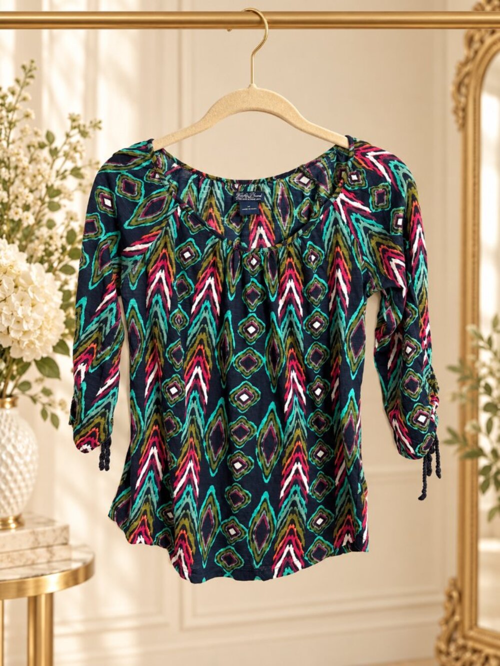 Lucky Brand Navy Multicolor Ikat Geometric Tie Sleeve Peasant Blouse M